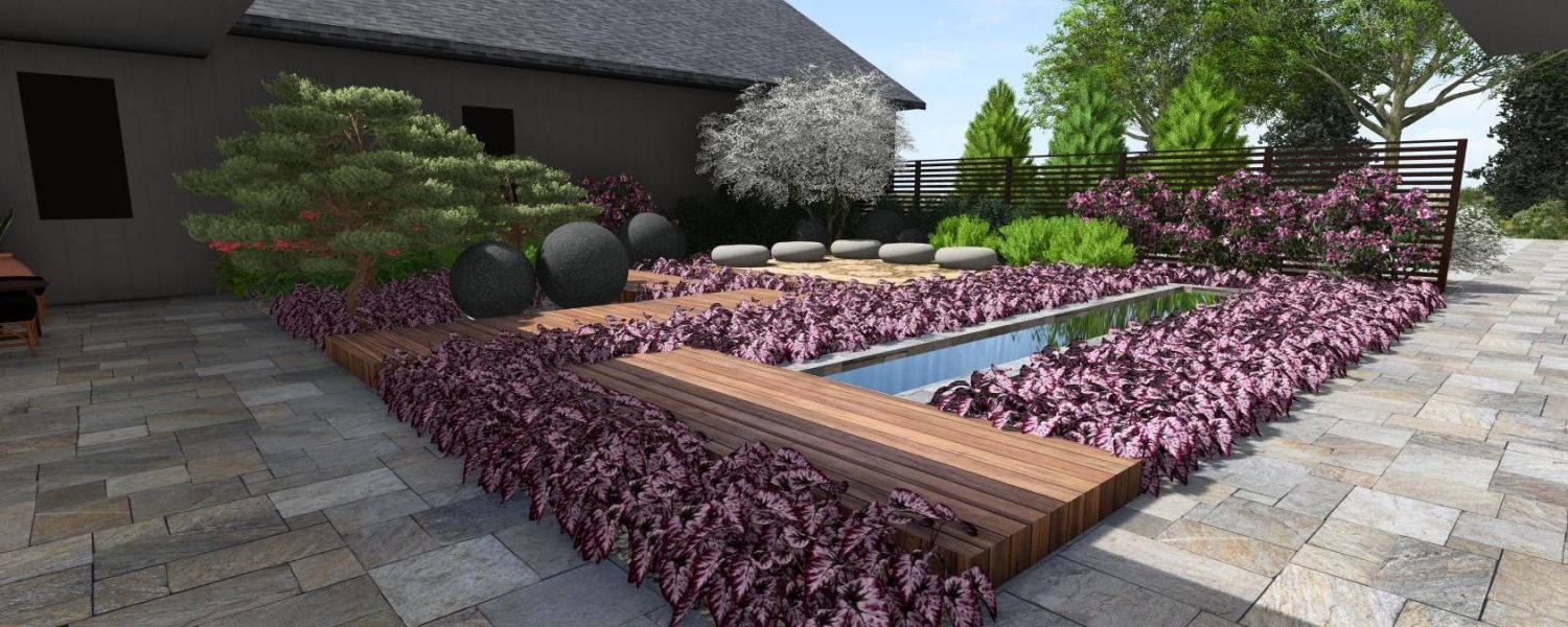 Sargents landscaping design concept with water, wooden boardwalks and stone features enhanced by serene plants for zen garden
