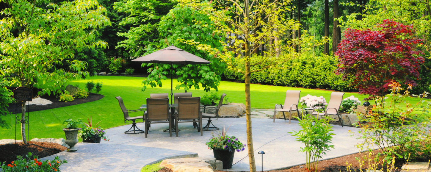 Backyard landscaping design with hardscaping and various plants and flowers